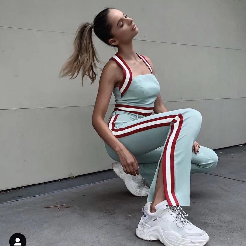 C/meo collective Green and red striped high-waisted flare pants